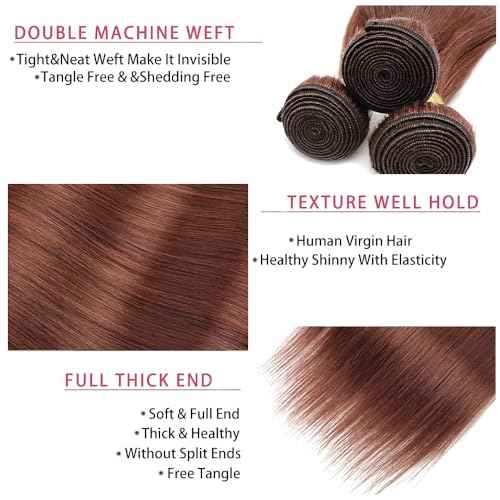 Reddish Brown Human Hair Bundles Auburn Straight Bundle Dark Brown Bundles 18 20 22 Inch Color 33 Brazilian Virgin Remy Hair Extensions Soft And Healthy Bundle Double Weft
