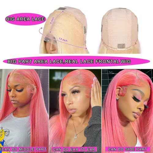 Pink Lace Front Wig Human Hair Straight 13x4 HD Transparent Lace Front Wig Pre Plucked with Baby Hair 20 Inch Colored HD Lace Frontal Wig For Black Women