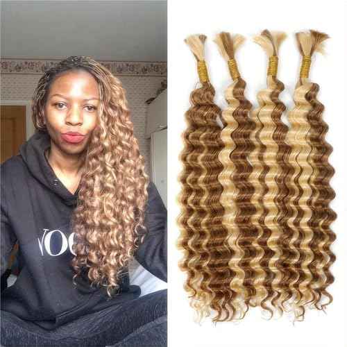 P27/613 Human Braiding Hair Highlight Blonde Boho Hair For Braiding Deep Wave Bulk Bundles 22 Inch Deep Curly Crochet Knotless Braids 100% Real Human Hair 100gram (2 of 50g)