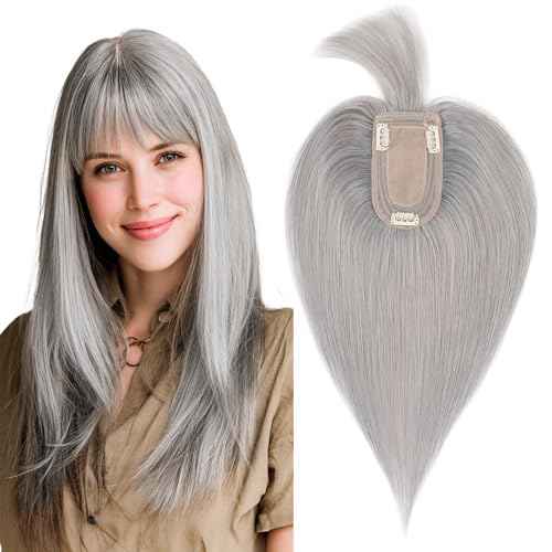 SEGO Grey Hair Toppers for Women Real Human Hair With Bangs, 7 * 13 CM Silk Base Clip In Topper Wiglet, Top Pieces for Women with Thinning Hair -10 Inch #G1 Silver Grey