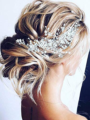 Unicra Bride Flower Wedding Hair Vine Crystal Bridal Hair Piece Rhinestone Party Hair Accessories Leaf Hair Jewelry Bead Headpiece for Women and Girls (Gold)