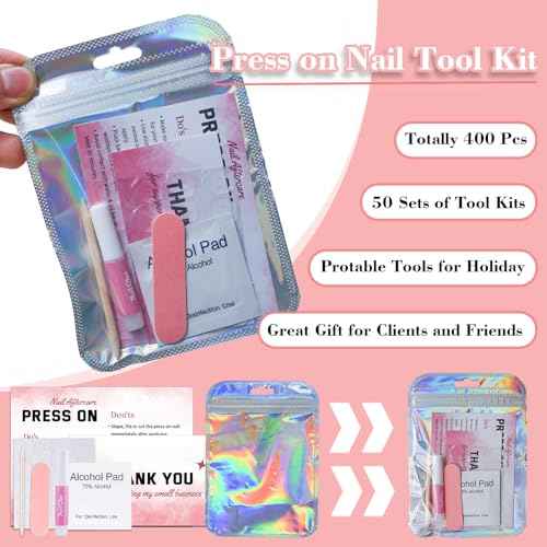 Press On Nail Tool Kit for Business - Prep Application Disposable Kit With File, Glue, Prep Pads, Instruction Card, Adhesive Tabs, Wood Stick, Holographic Bag (50pcs in Pink)