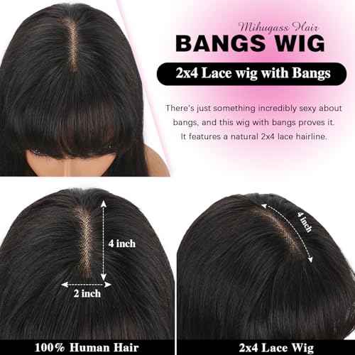 Human Hair Lace Front Wig, Natural Black Brazilian Virgin Hair, 20 Inches 200% Density, 2x4 Glueless Design Wig with Bangs, Straight Style for Women(20 Inch)