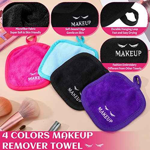 Queekay 48 Pcs Makeup Remover Cloths Reusable Washable Remover Pads Soft Microfiber Washcloths Facial Cloths Makeup Towels Holiday Gift for Women, 5 x 5 Inch(Black, Blue, Purple, Rose Red)