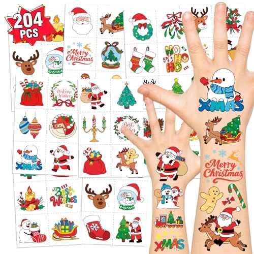 PARTYWIND 204 PCS Christmas Tattoos for Kids, Christmas Stocking Stuffers for Kids, Xmas Stickers Decorations Party Favors for Girls Boys, Christmas Goodie Bags for Classroom Prizes