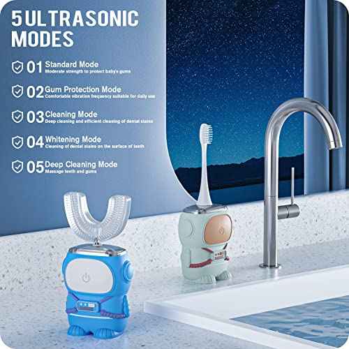 RexCodar Ultrasonic Kid's U-Shaped Electric Toothbrush, IPX7 Waterproof, Five Cleaning Modes, 60S Smart Reminder (Navy Blue, Ages 6-12)