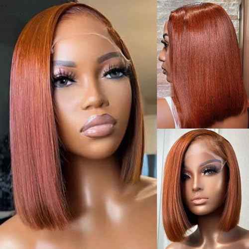 16 Inch Reddish Brown Bob Wigs Human Hair 13X4 Straight HD Transparent #33 Reddish Brown Bob Lace Front Wigs Human Hair Wear and Go Glueless Wig Pre Plucked Colored Hd Lace Frontal Wig for Black Women