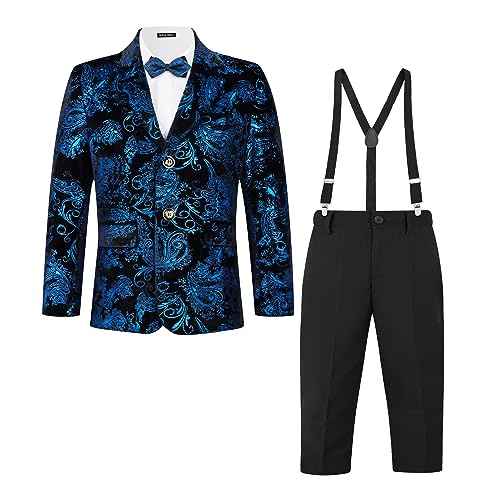 MAGE MALE Boys 3 Pieces Suit Colour Jacquard Slim Fit Jacket Pants Set for Wedding Prom Party Tuxedo with Kids Suspenders