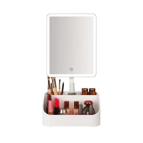 Rechargeable Makeup Mirror Organizer with LED Lights & 20X Magnification, Large Capacity Cosmetic Display Case for Skincare & Makeup Brushes, Countertop Vanity Organizer for Bedroom, Bathroom (Cream)
