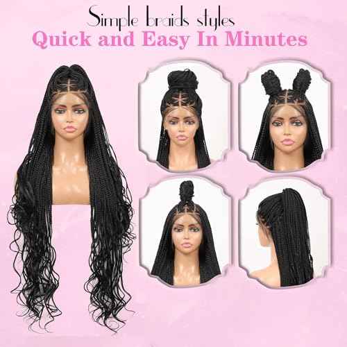 Kalyss 360¡Æ HD Full Lace Braided Wigs for Black Women Knotless Braided Wigs with Baby Hair Box Braid Wig Premium Synthetic Lace Front Black Box Braid Wig with Curly Ends 36"
