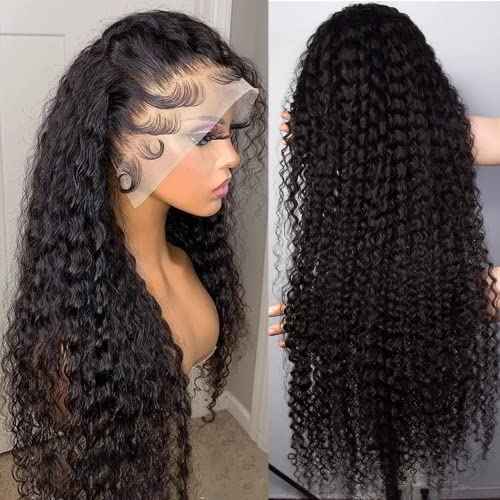 Deep Wave Lace Front Wigs Human Hair Wigs for Black Women 13x4 HD Transparent Lace Frontal Glueless Wigs Human Hair Pre Plucked 180% Density Natural Black natural color 24 inch