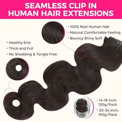 Lashey Seamless Clip in Hair Extensions Human Hair 150g 9pcs 20 Inch Body Wave #2 Dark Brown Clip in for Women PU Weft Hair Extensions