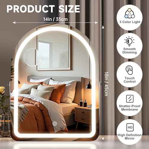 MINISO Vanity Mirror with Lights-14" x 18" Arched Makeup Mirror with 3 Color Lights, Adjustable Brightness, 10X Magnification