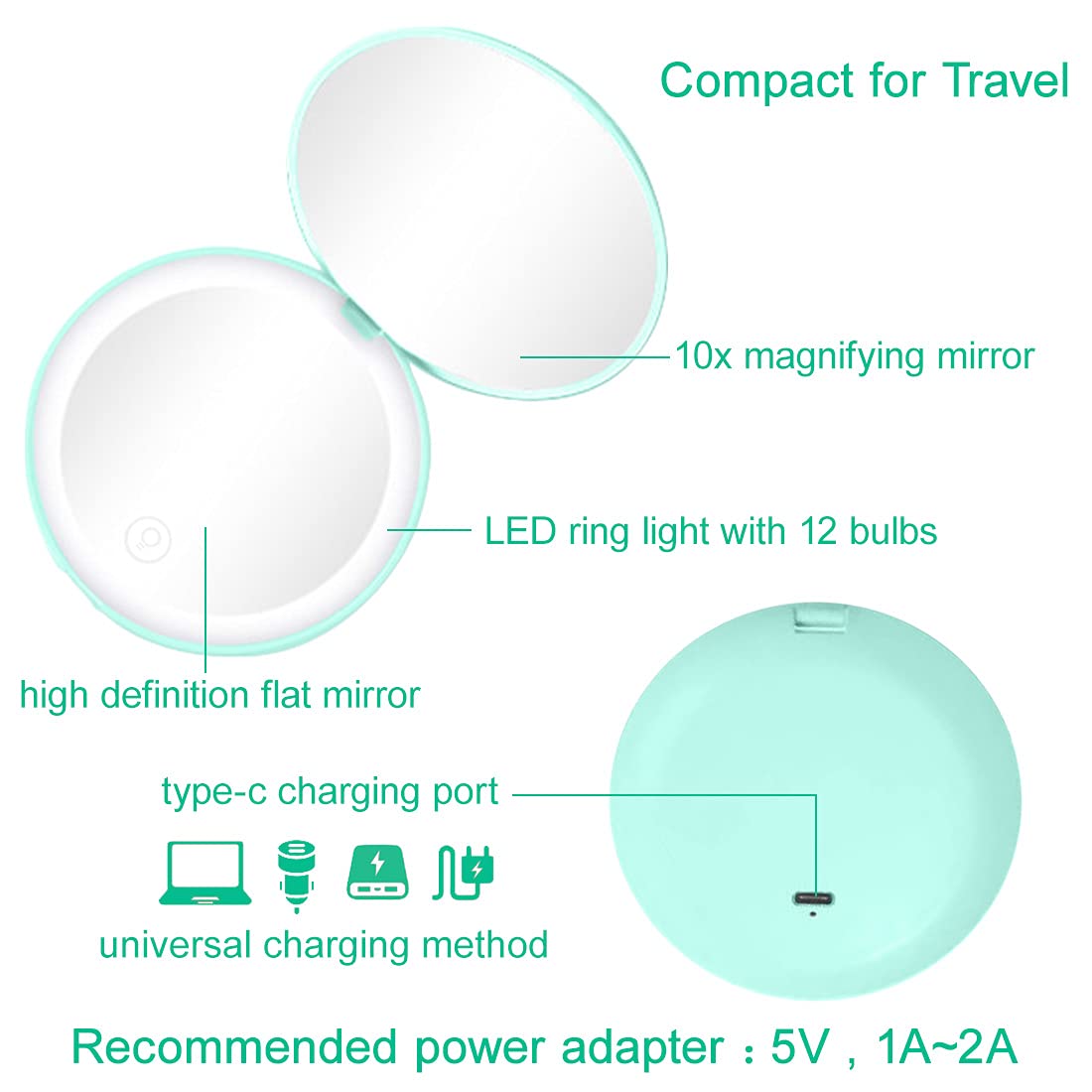 Milishow Compact Mirror with LED Light- 1x/10x Magnifying Rechargeable Mirror- 3.5in Dimmable Travel Mirror- for Purse-Pocket-Handheld 2-Sided Makeup Mirror(Cyan 2Pc)