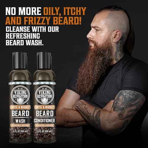 Viking Revolution Beard Wash and Beard Conditioner for Men with Argan Oil and Jojoba Oil- Beard Softener and Strengthener Beard Care Beard Shampoo and Conditioner with Ginseng Root(5oz,Coffee Whiskey)