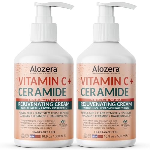 Alozera Vitamin C Body Lotion with Ceramides & Stem Cells, Anti-Aging Moisturizing Body Cream for Noticeably Brightening & Visibly Even Skin Tone, Lightweight, Fragrance Free, 16.9 oz, 2 Pack
