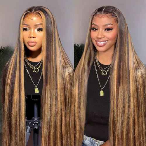 Balayage Highlights Lace Front Wig Human Hair Pre Plucked 24 Inch 13x6 HD Lace Frontal Wig Honey Blonde Highlight Outre Melted Hairline Lace Front Wig 150% Density Glusless Wigs Human Hair for Women