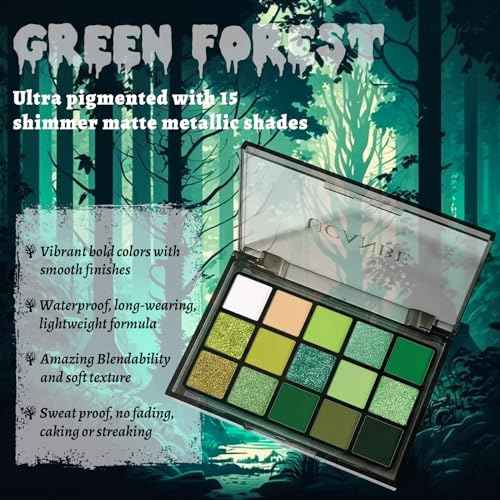 UCANBE Green Eyeshadow Makeup Palette, 15 Colors Bright Dark Green Shimmer Matte Metallic Glitter Eye Shadow, Forest Emerald Lime Pallet Kit for Cosplay Parties Christmas Halloween SFX