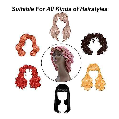 Silk Bonnet for Sleeping Satin Bonnets Double Layer Reversible Hair Cap Bonnet for Women Long Curly Braid Hair (Dusty Pink)