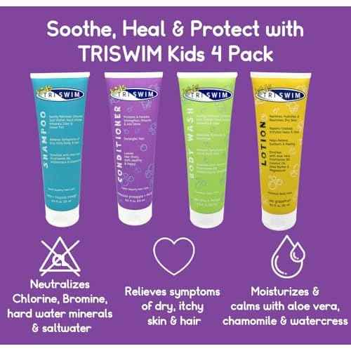 TRISWIM Kids After Swim Value Pack of 4 Travel Mesh Bag + Swim Care Chlorine Removal Body Wash + Swimming Lotion + Swim Shampoo and Conditioner 8.5 fl oz Keep your Little Swimmers Clean and Healthy