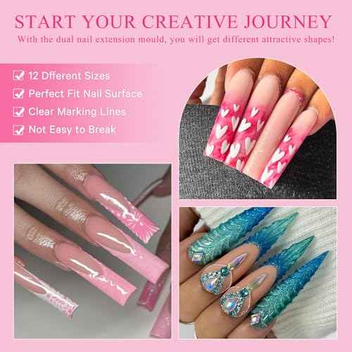 Nail Dual Forms for Poly Gel Set, 12 Styles 12 Sizes Nail Mold Extension Forms, 144Pcs Full Cover False Nail Tips, Duet System with 5pcs Nail Clips Nail Brush Nail Files Cuticle Trimmer