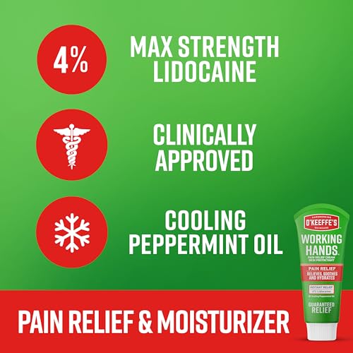 O'Keeffe's Working Hands Pain Relief Cream Skin Protectant with 4% Lidocaine and Cooling Peppermint Oil for Instant Relief from Pain, Itching, Irritation and Dryness, 3oz Tube