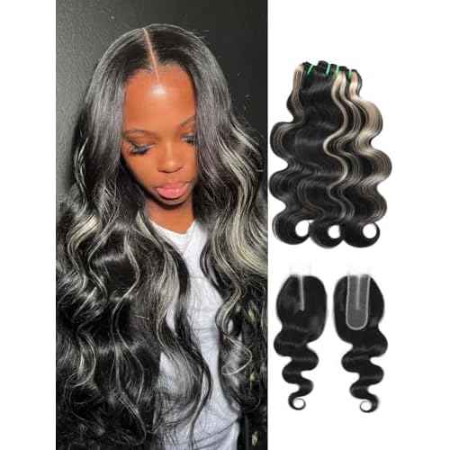 Black With Platinum Blond Highlight Bundles and 2x6 HD Lace Closure Body Wave Human Hair, 12A Balayage Ombre Skunk Stripe 3 Bundle With Long Deep Part Natural Black 2x6 Kim K Closure 10 12 14+10