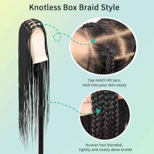360¡Æ HD Full Lace Knotless Braided Wigs for Women Box Braid Wig with Baby Hair Premium Synthetic Natural Looking Black Braided Lace Front Wigs 36 Inch