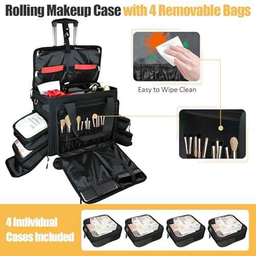Rolling Makeup Bag with 4 Removable Bags,Professional Makeup Bag with Brushes Storage Section.Cosmetic Bag with Detachable Dividers (Patent Design)(Black)