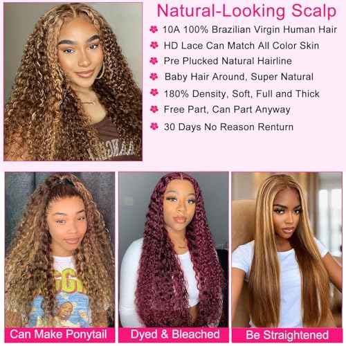 5x5 Hd Lace Closure Wigs Human Hair Highlight Deep Wave Closure Wigs Human Hair for Women Honey Blonde Wig Human Hair Pre Plucked P427 Ombre Wet Wavy Deep Curly Wig 180% Density 26 Inch