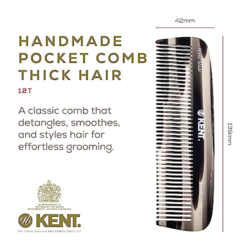 Kent 12T G Wide Tooth Comb, Hair Detangling Comb, Handmade-Pocket Comb for Thick, Curly, Wavy Hair, Large Tooth Comb, Hair Detangler Comb for Grooming Hair, Beard and Mustache