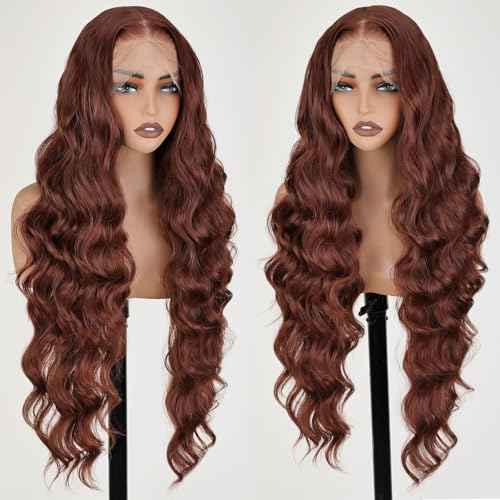 Wave Hair Reddish Brown Pre-plucked Hairline with Baby Hair 13 * 6 Transparent HD Front Lace Wigs 32 inch Synthetic Wig Body Wave Style for Women Wear Heat-resistant Fiber