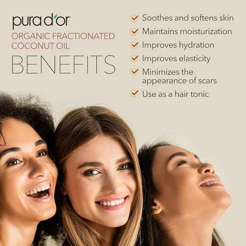 PURA D'OR 16.9 Oz ORGANIC Fractionated Coconut Oil MCT Oil (GLASS BOTTLE) 100% Pure & Natural USDA Certified Cold Pressed - Unscented, Hexane Free Moisturizer For Face, Skin & Hair Tonic - Men & Women
