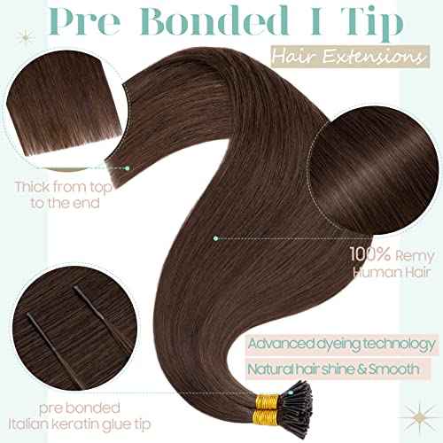 S-noilit I Tip Hair Extensions Real Human Hair for Women 100Strands 50Gram Keratin Glue K Tip Pre bonded Fusion Stick Tip Human Hair Piece Invisible Tipped in Hair 18 Inch #04 Medium Brown