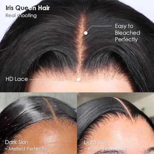 Iris Queen 13x4 HD Straight Lace Front Wigs Human Hair Pre Plucked 12A 180 Density Brazilian Transparent Lace Frontal Wig for Black Women with Baby Hair Natural Black Color (20 inch)
