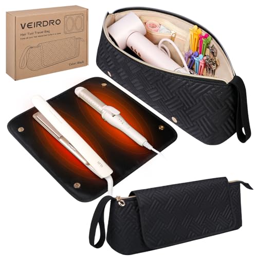 Hair Tools Travel Bag with Heat Resistant Mat, Portable Hair Tool Organizer Travel Carrying Case for Straightener, Flat Iron, Curling Iron, Hair Dryer& Hair Styling Accessories Women (Black)