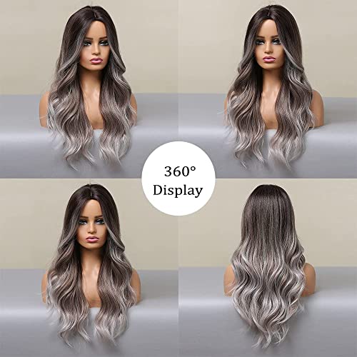 Haoland 26 Inch Long Gray Wig For Women Ombre Gray With Dark Roots Wavy Wig Middle Part Synthetic Wig For Cosplay Daily Party Use