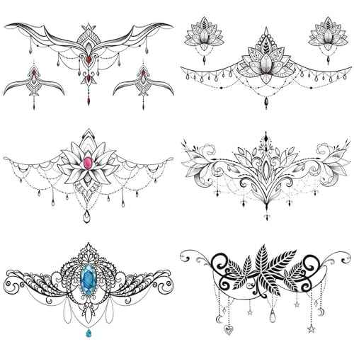 GLARYYEARS Underboob Chest Temporary Tattoos for Women Girls, 6-pack Black Fake Realistic Large Long Lasting Creative Removable Tattoo Stickers, Sexy Floral Leaf Jewelry Tramp Stamp Sketch on Body