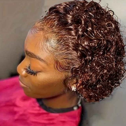 Pixie Cut Wig Human Hair 8 Inch Chocolate Brown Human Hair Wigs For Black Women Short Curly Glueless Wigs Human Hair Pre Plucked Pre Cut 4x4 Lace Closure Wear and Go Glueless Wigs (Brown, 8 inche)