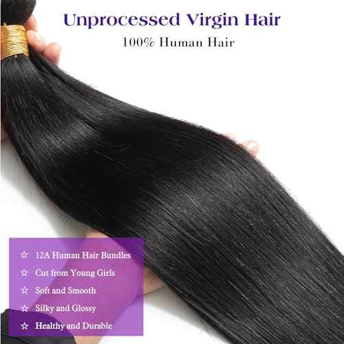 Straight Weave Bundles Human Hair Glossy Hair Bundles 22 24 26 Inch Brazilian Virgin Raw Human Hair Bundle for Quick Weave Sew In Soft and Thick Weft Hair Extensions for Women