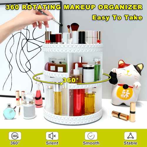 360 Rotating Makeup Organizer, DIY Adjustable Makeup Carousel Spinning Holder Storage Rack, Large Capacity Vanity Organizer Skincare Organizers (White)