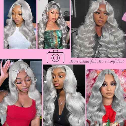 20 Inch Grey Body Wave Lace Front Wigs Human Hair 180 Density HD Transparent 13x4 Lace Frontal Wig Pre Plucked With Baby Hair Gray Lace Closure Glueless Wigs For Women