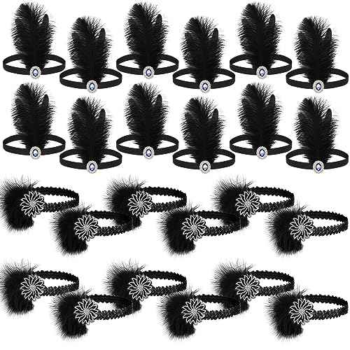 Ceenna 24 Pcs 1920s Flapper Headbands Roaring 20s Black Feather Headpiece for Women 1920s Hair Feather Accessories Birthday Party Hair Costume Decorations