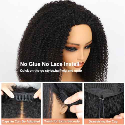 Domiso Afro Kinky Curly Half Wig Human Hair Seamless Kinky Curly 3 In 1 Half Wig Flip Over Beginner Friendly Glueless Wear & Go Drawstring Heandband Clip in Wig No Sew In Black Color 20 Inch
