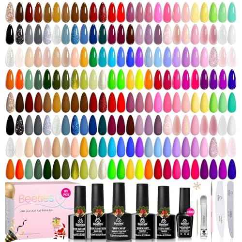 Beetles 110 PCS Gel Nail Polish Set, 100 Colors Infinite Inspiration Gift Spree All Season Red Brown Green Black Gel Polish with 5Pcs Base Top Coat Soak off UV Gel for Manicure Lovers DIY at Home