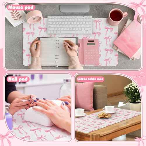 Coquette Bow Makeup Mat for Vanity Top Protector, Christmas Dual Sided Leather Vanity Waterproof Desk Pad Dressing Mat Nonstick Gifts for Women Home Office Decor(Pink,11.8" X 23.6")
