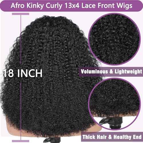 Afro Kinky Curly Wig Human Hair, 13x4 Lace Front Curly Afro Glueless Wigs 180 Density, Pre Plucked Transparent Lace Frontal, Brazilian Human Hair Bob Wig for Women, Natural Black 18 Inch