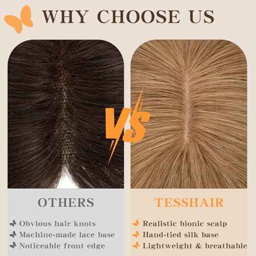 Human Hair Toppers for Women, 150% Density Hair Topper with Bang, No Tangle & Smooth, Upgrade 7x13cm Silk Base, 12 Inch #06 Light Brown