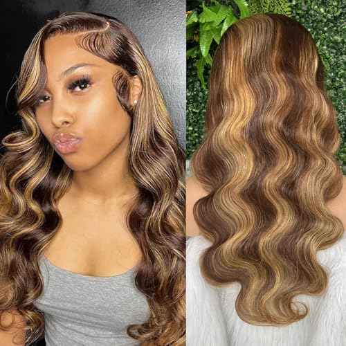 Honey Blonde Wig Human Hair Highlight Lace Front Wig Human Hair Ombre Glueless Wigs Pre plucked Pre Cut 13x6 Hd Full Lace Front Wig 180% Density Body Wave Full Frontal Wig 4/27 Colored 24 Inch