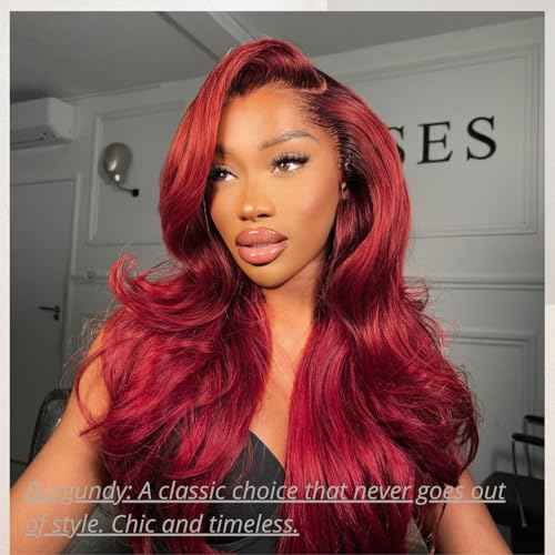 Red Burgundy Human Hair Bundles with Closure Body Wave, 3 Bundles with 4x4 Closure HD Transparent Lace with Baby Hair Free Part Cherry Red 99J Color Quick Weave Hair Extensions 12 14 16 +12 In